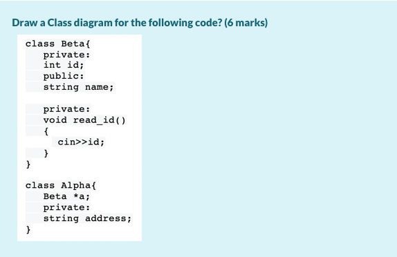 Draw a Class diagram for the following code? (6 marks) class