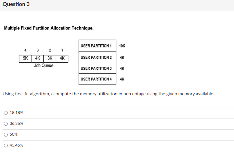 Fixed Partition Allocation Technique. Using first-fit algorithm, ccompute the memory utilization in
