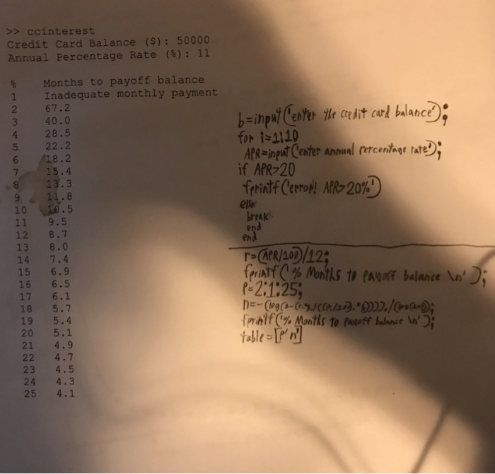 script (ccinterest.m) that determines the number of months required to pay off