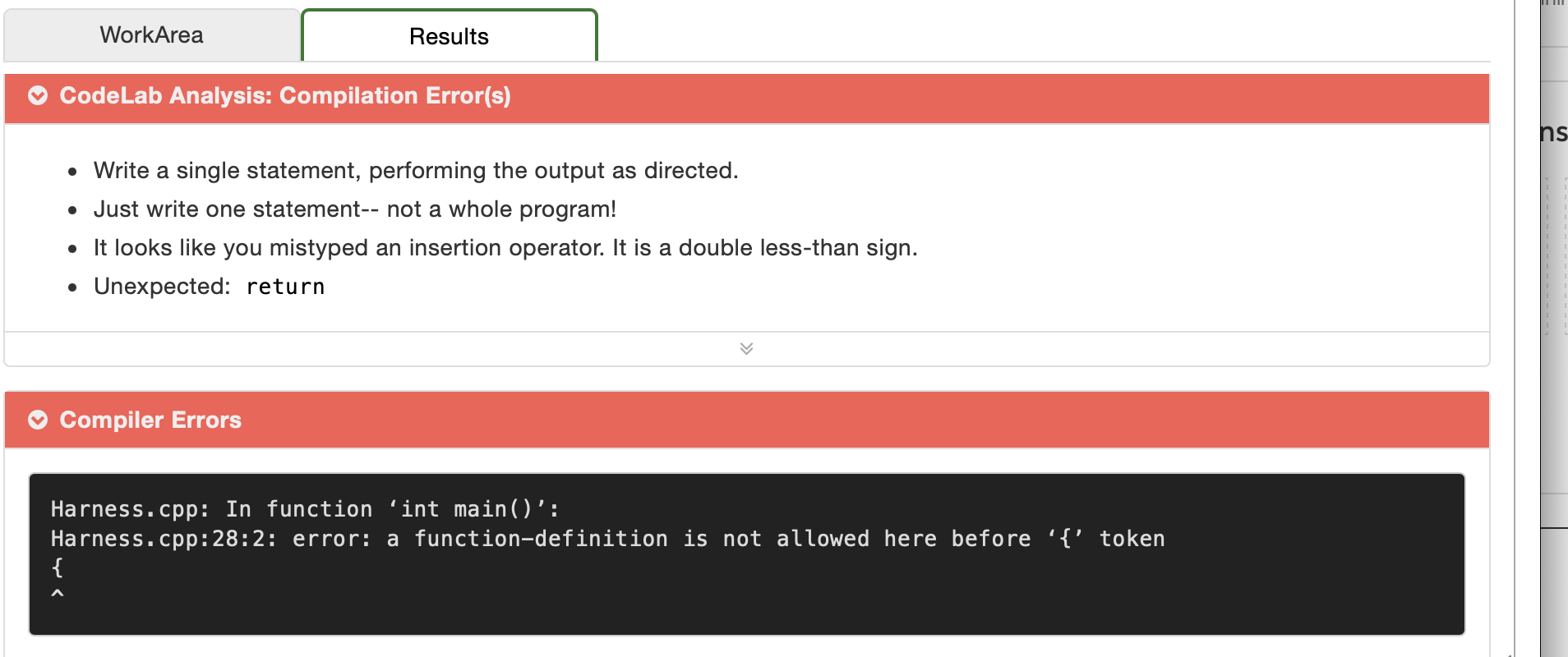 > 10501 x WorkArea Results ns Instructions Write a statement that prints