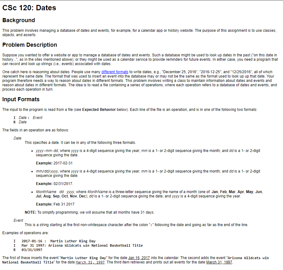 Write a Python program, in a file dates.py, that maintains a collection