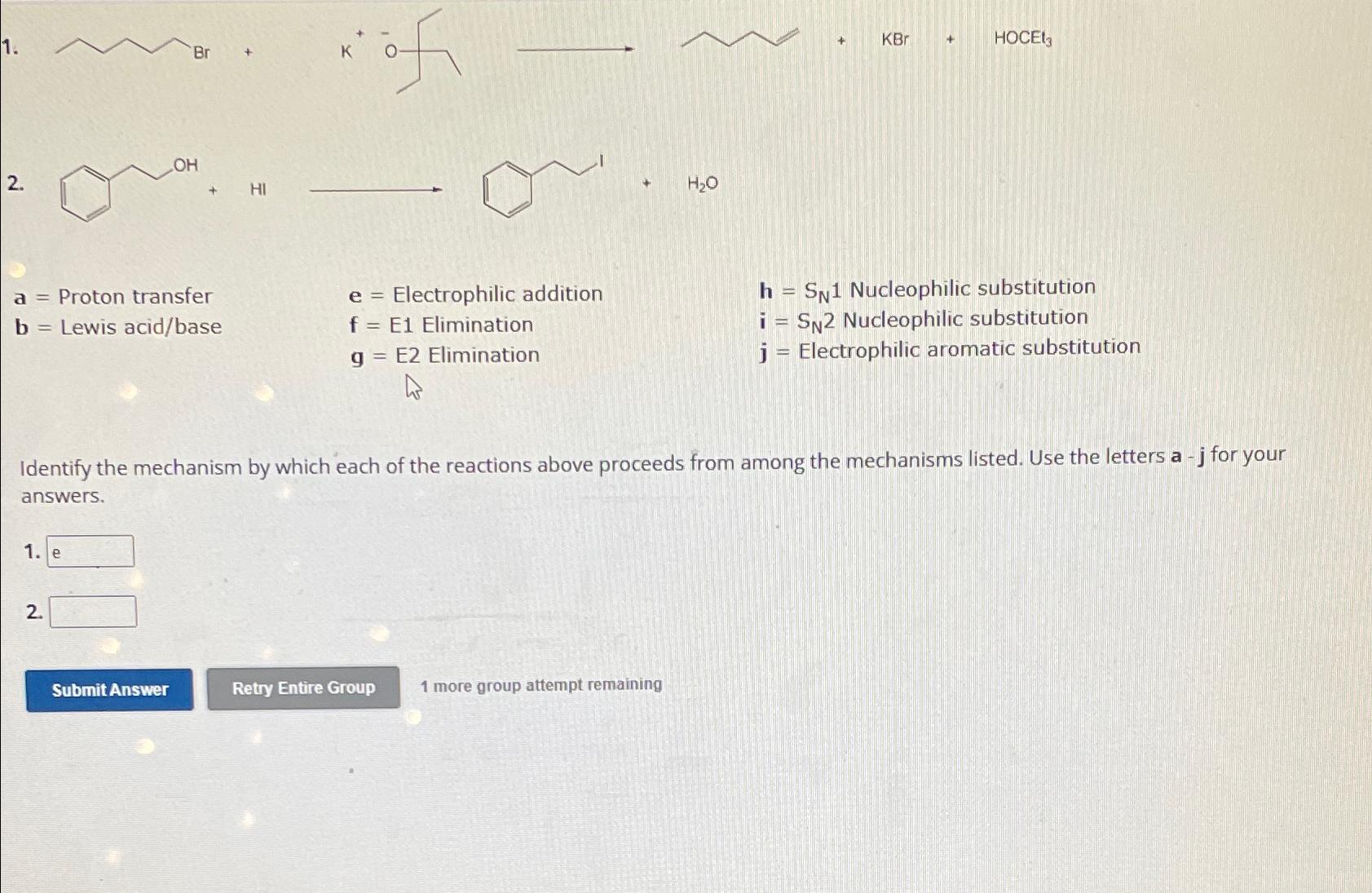  k 0\ HOCEl_(3)\ +HI\ +H_(2)O\ a= Proton transfer\ e= Electrophilic addition\