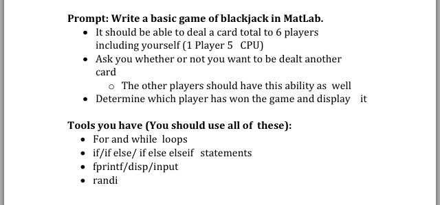  write a basic game of blackjack in matlab Write a basic