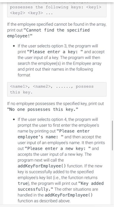 key; (4) add a new key to a specific employee; (5) return