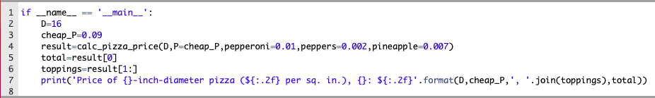 function calc_pizza_price() that computes the total price to charge for a pizza