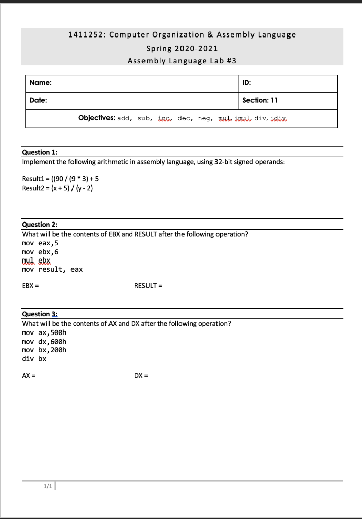 Assembly Language Using MASM 1411252: Computer Organization & Assembly Language Spring