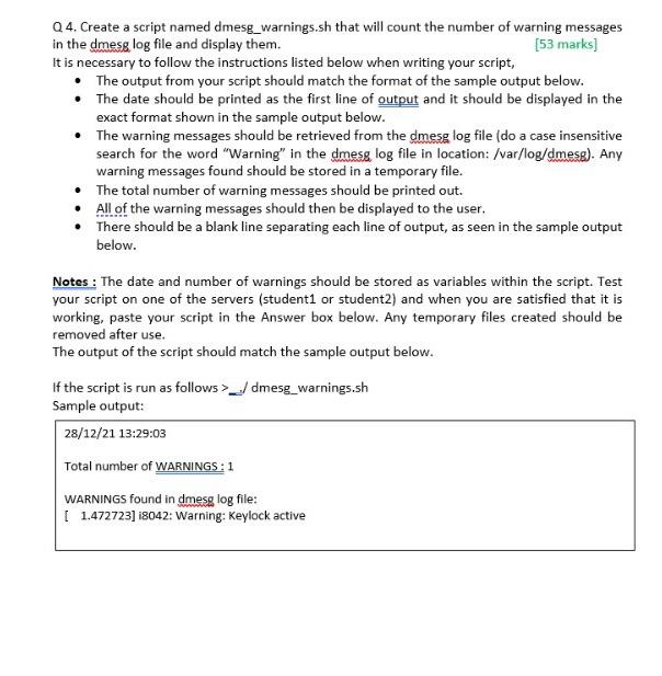  Q4. Create a script named dmesg_warnings.sh that will count the number