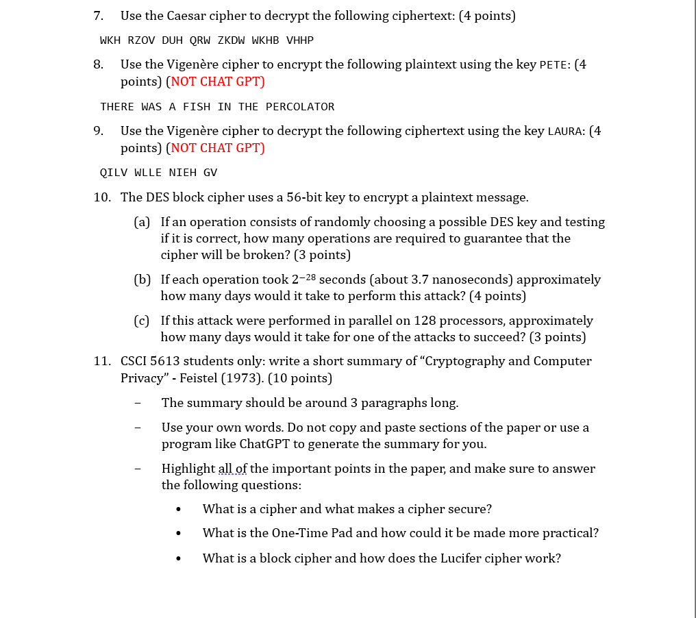  Use the Caesar cipher to decrypt the following ciphertext: (4 points)