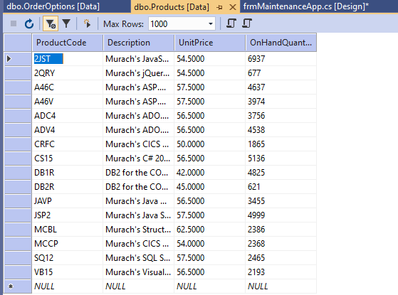 that uses a data source text boxes and DataGridView controls to maintain