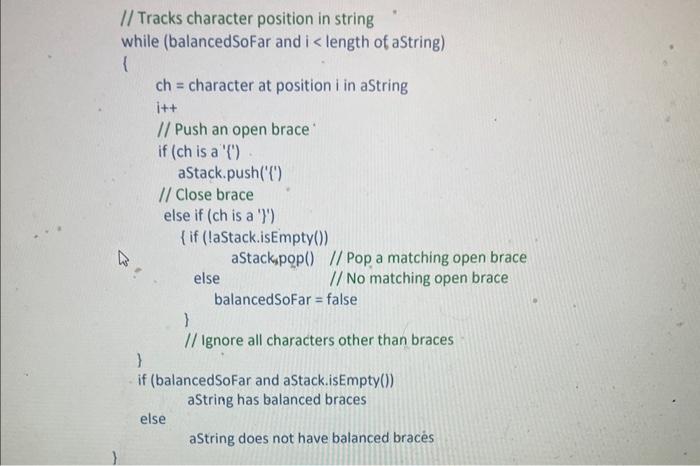 checkBraces(aString: string) that checks for balanced braces f } in a given