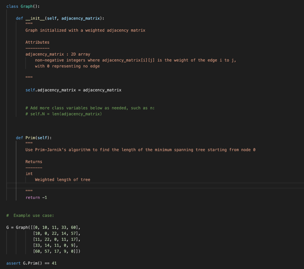Please help me code the prim's algorithm to return the length of