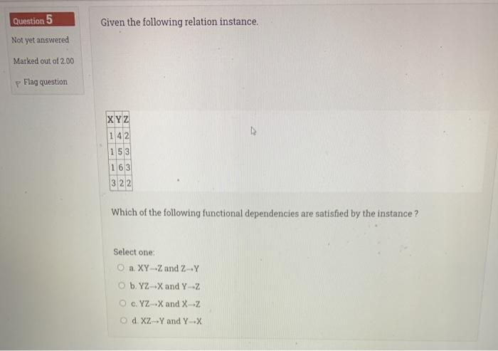  answer please Given the following relation instance, Question 5 Not yet