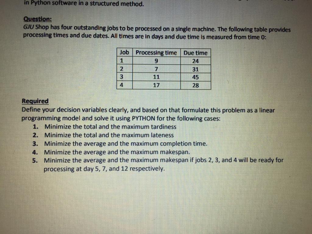 LINEAR PROGRAM FOR OPERATIONS RESEARCH IS REQUIRED in Python software in a