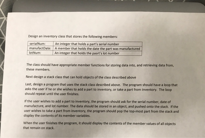  using stack. Design an inventory class that stores the following members:
