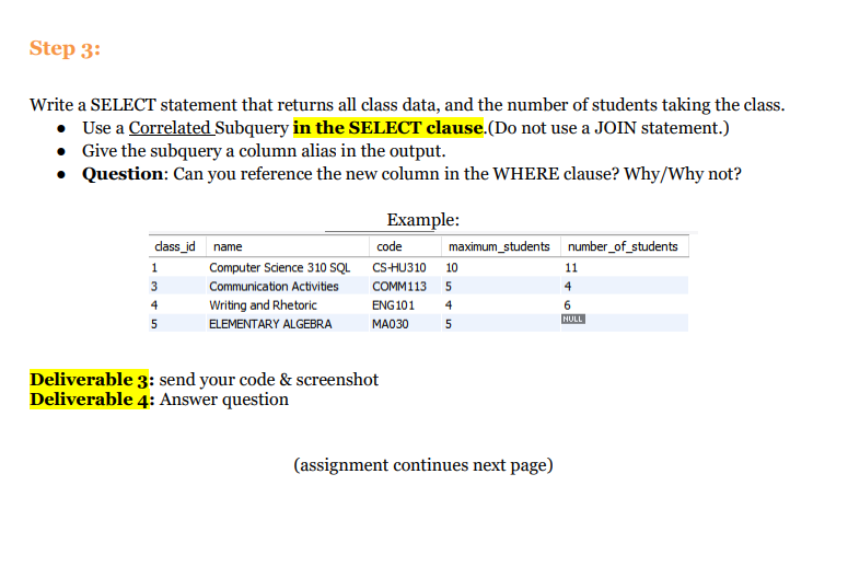 Write a SELECT statement that returns all class data, and the number