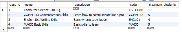 classes; Step 3: Write a SELECT statement that returns all class data,