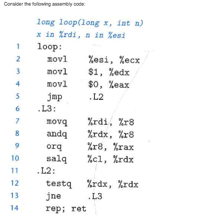  Consider the following assembly code: long loop(long x, int n) x
