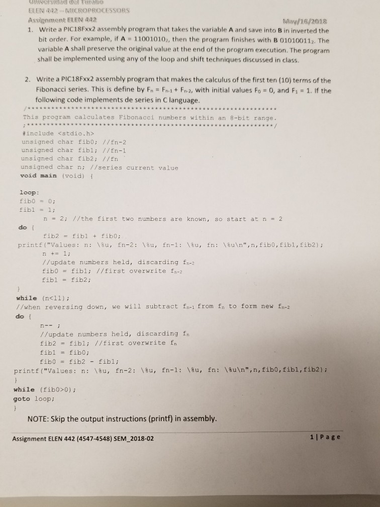  ELEN 442 MICROPROCESSORS Assignment ELEM 442 May 16/2018 1. Write a