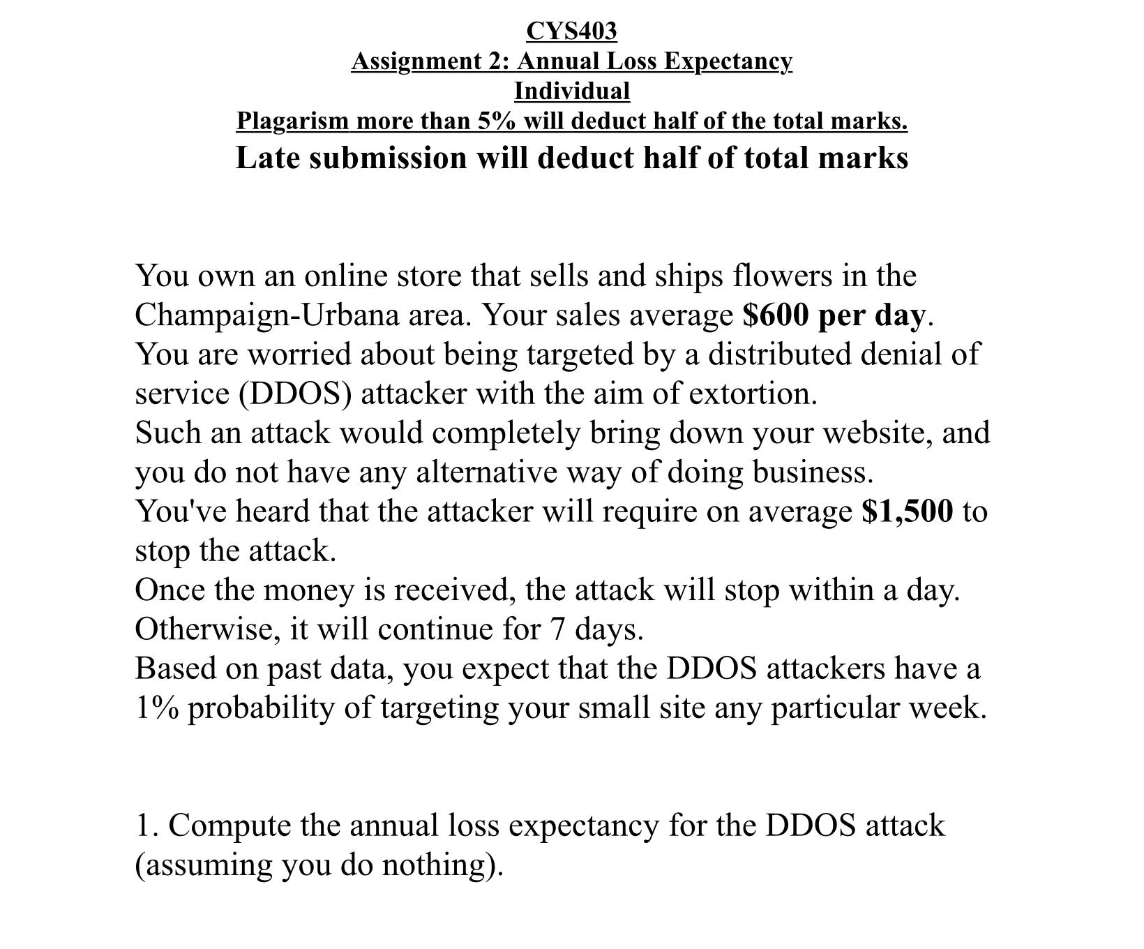  CYS403 Assignment 2: Annual Loss Expectancy Individual Plagarism more than 5%