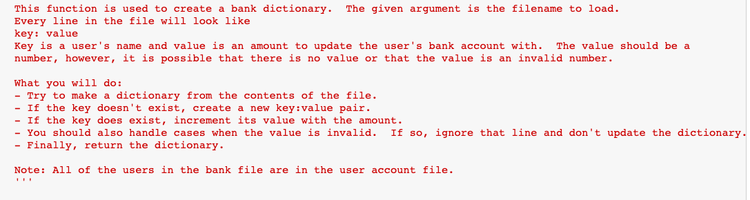 Use python for online banking system, fill in missing code. Information for