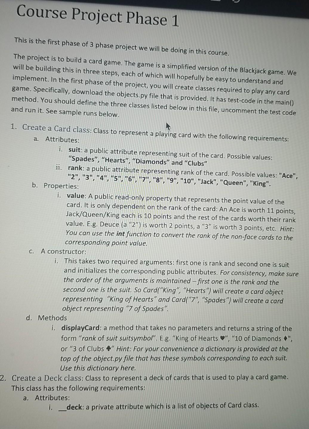  python code, I appreciate the help. Course Project Phase 1 This