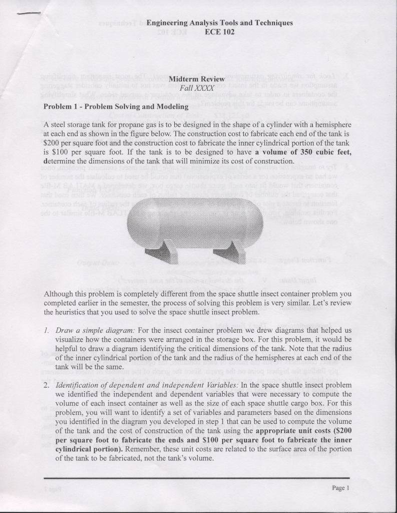 Problem 1 MATLAB Engineering Analysis Tools and Techniques ECE 102 Midterm Review