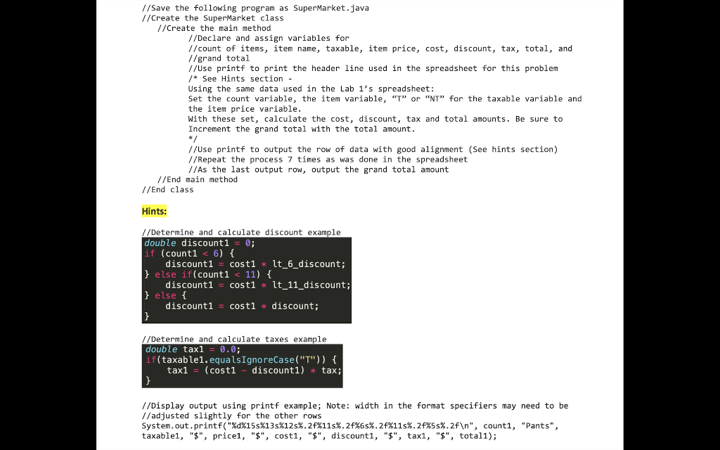  //Save the following program as Supermarket.java //Create the Supermarket class //Create