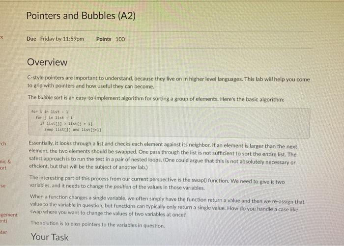  Pointers and Bubbles (A2) s Due Friday by 11:59pm Points 100