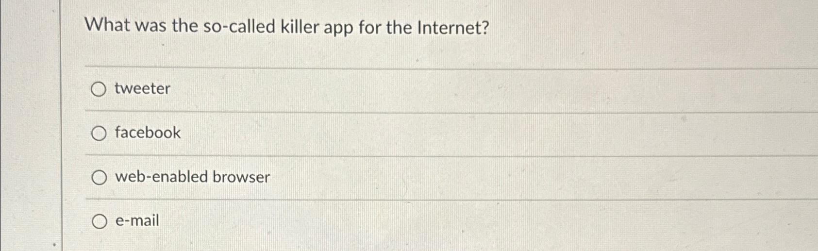  What was the so-called killer app for the Internet? tweeter facebook