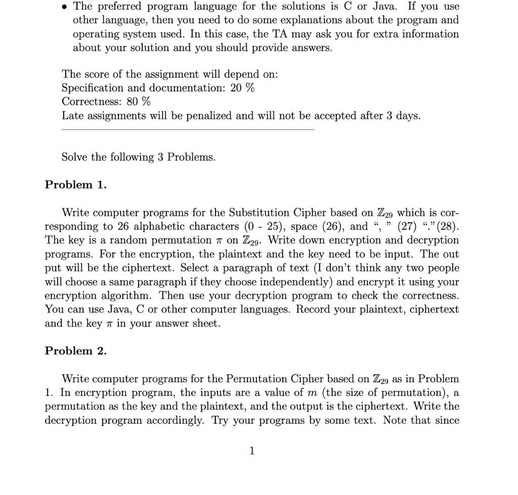 the Permutation Cipher based on Z29 as in Problem 1. In encryption