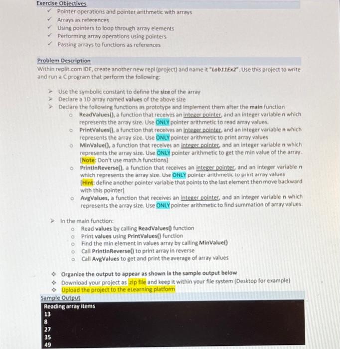 C Language - Programming Exercise Obiectives Pointer operations and pointer arithmetic with