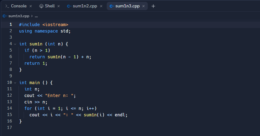 Please see the source code in file sum1n3.cpp. The program produces exactly