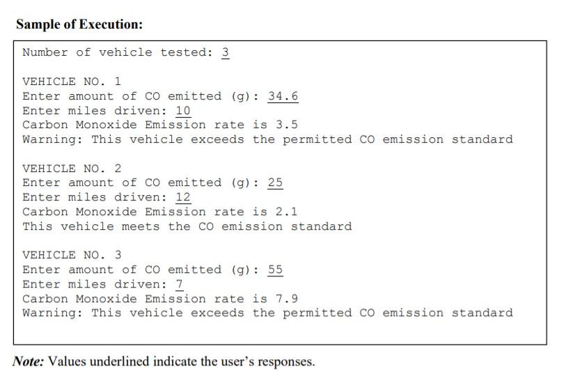 the carbon monoxide (CO) emissions standard, using the following details: a) The