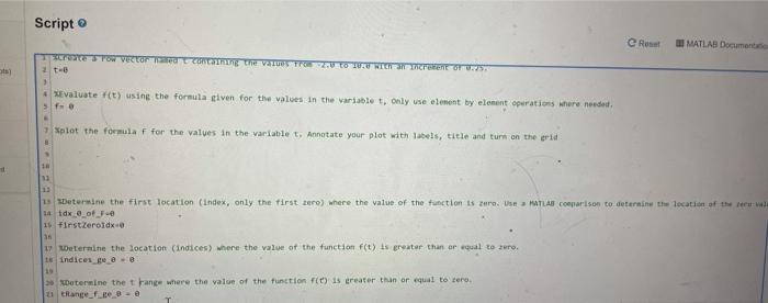 Create a row vector named t containing the values from 20 to