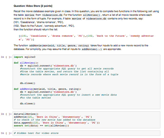 Python Question Question: Video Store [2 points] Recall the movie database example