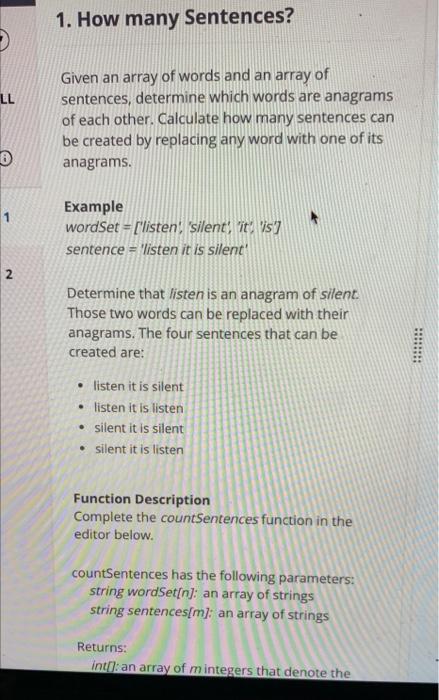 please answer in Python 1. How many Sentences? LL Given an array