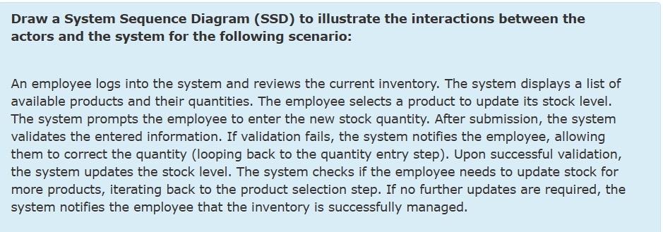  Draw a System Sequence Diagram (SSD) to illustrate the interactions between