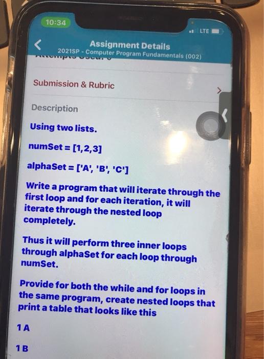  10:34 LTE Assignment Details 2021SP - Computer Program Fundamentals (002) Submission