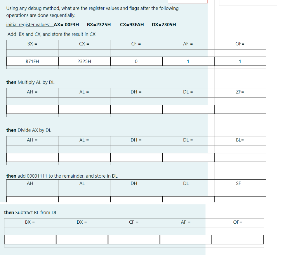 Using any debug method, what are the register values and flags