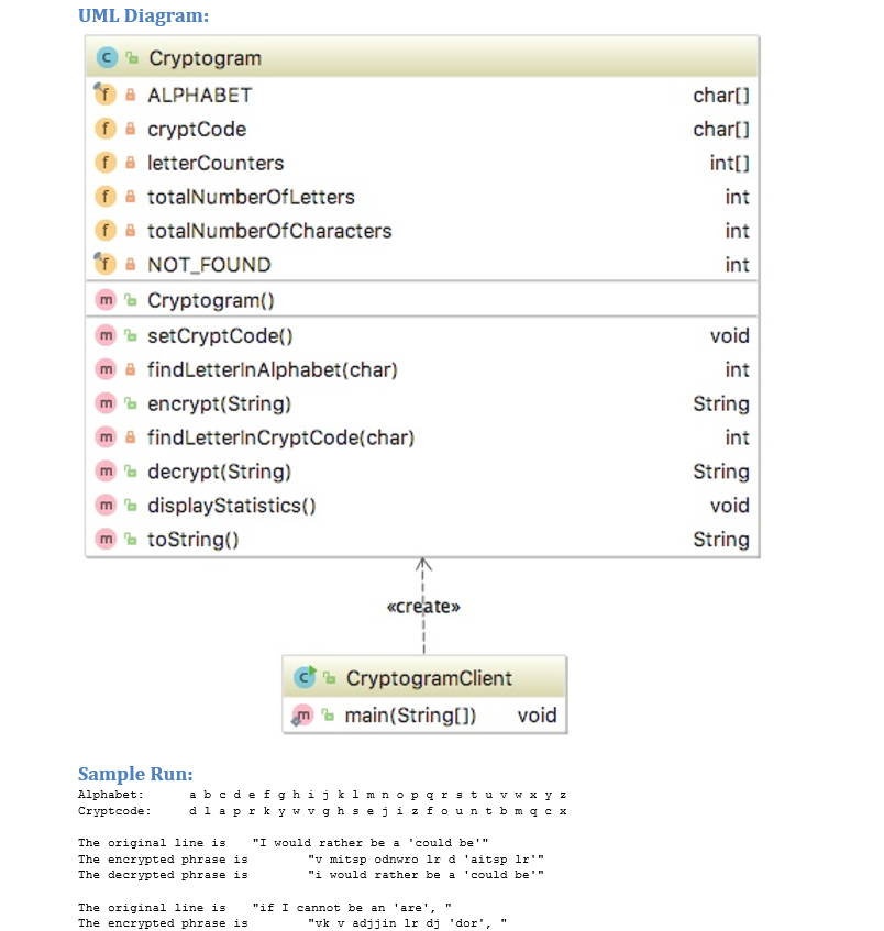 IOException { Cryptogram cryptogram = new Cryptogram(); System.out.println(cryptogram); // print alphabet and