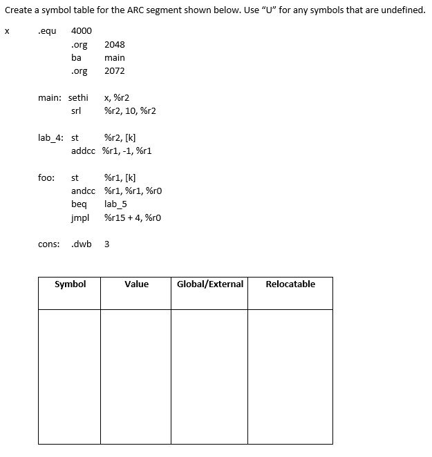  Create a symbol table for the ARC segment shown below. Use