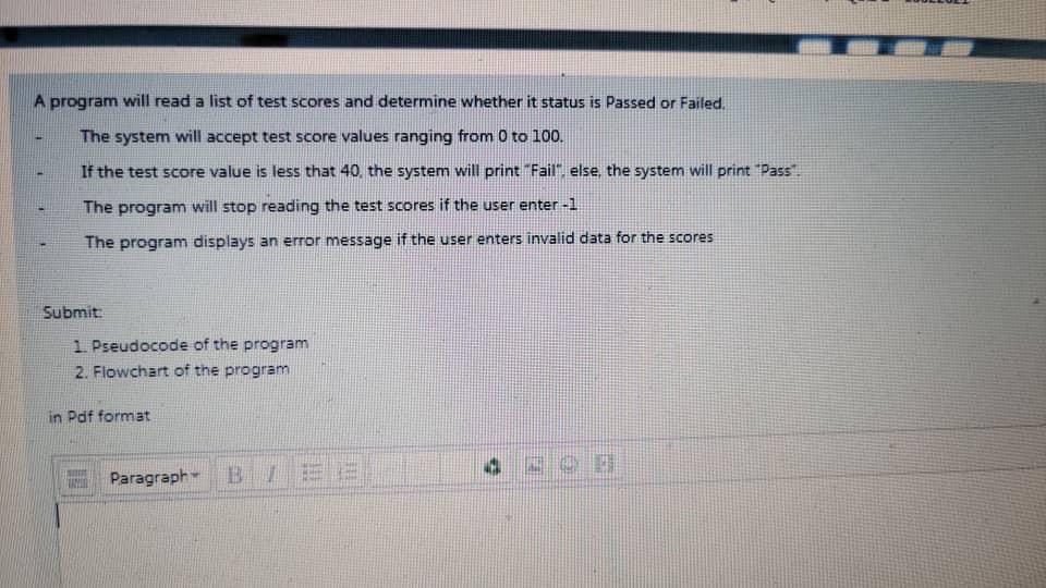fflowchart and pseudocode A program will read a list of test scores