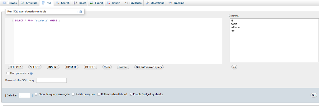 and age(integer) Use a query to 2. Fill up the table with