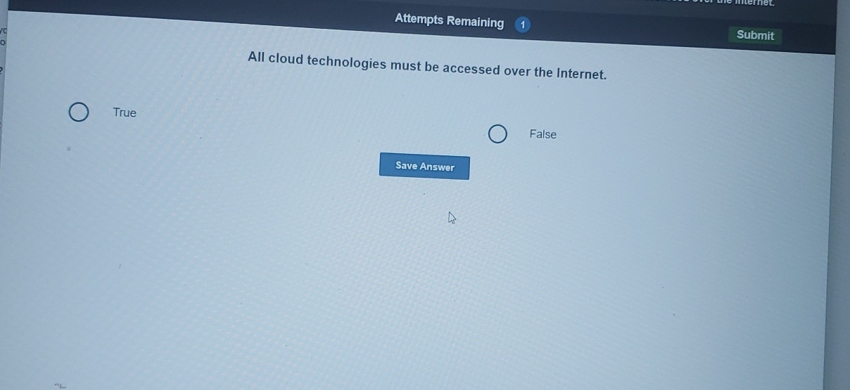  Attempts Remaining 1 Submit All cloud technologies must be accessed over