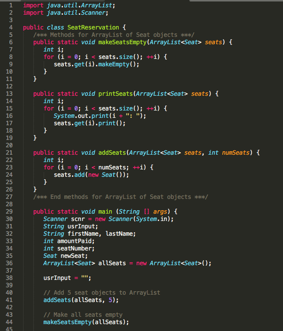 Please answer the section that says //FIX ME:// for the Seat reservation