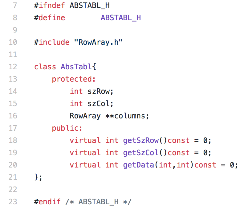 by writing the .cpp class files. Output example should look like: AbsRow.h: