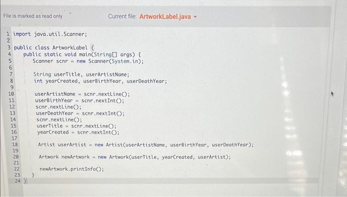 Artist java) with constructors to initialize an artist's information, get methods, and