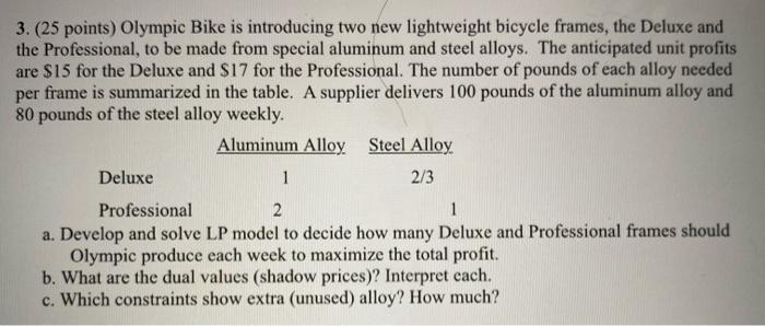  Excel Solver 3. (25 points) Olympic Bike is introducing two new