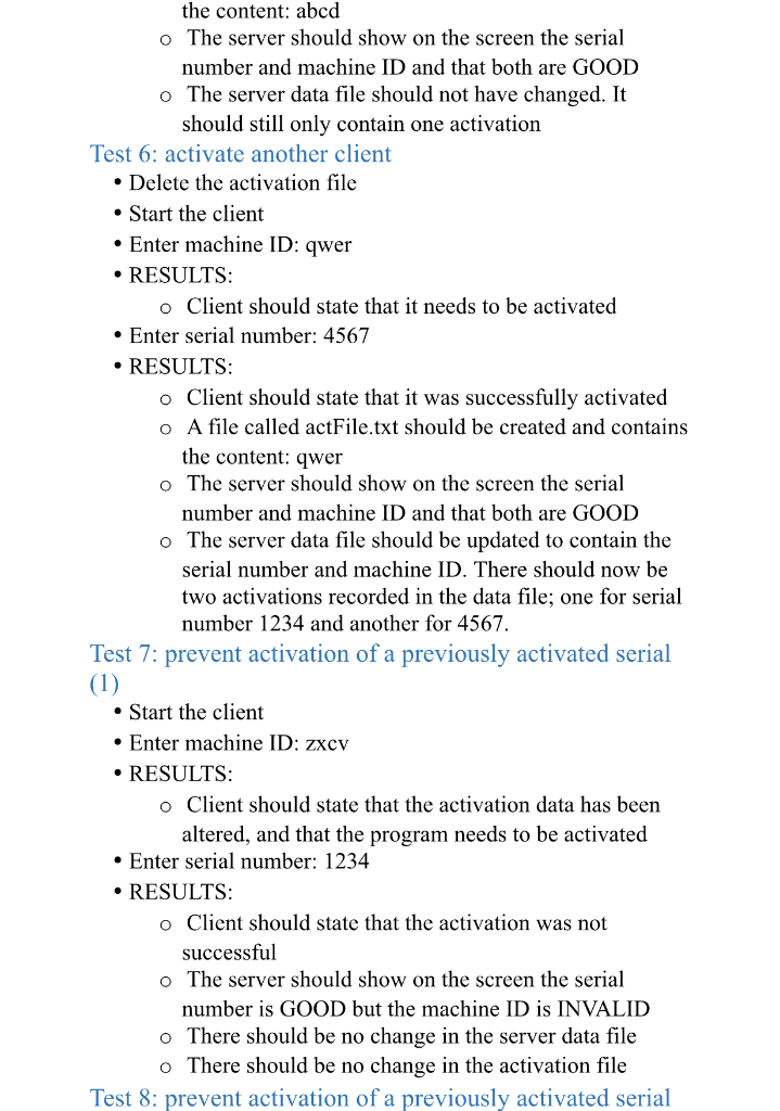 Activation Server / Client Test Plan Test 1: server data file Start