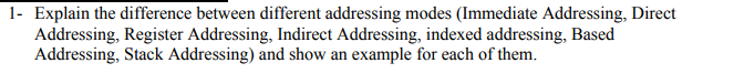 Explain the difference between different addressing modes (Immediate Addressing, Direct Addressing, Register